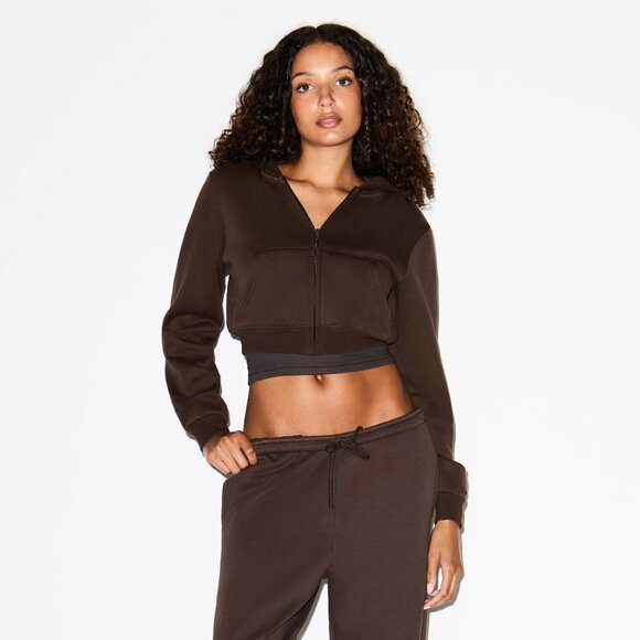 Skims Cotton Fleece Cropped Zip Up Hoodie in Dark Sepia, Size Medium - Picture 1 of 9